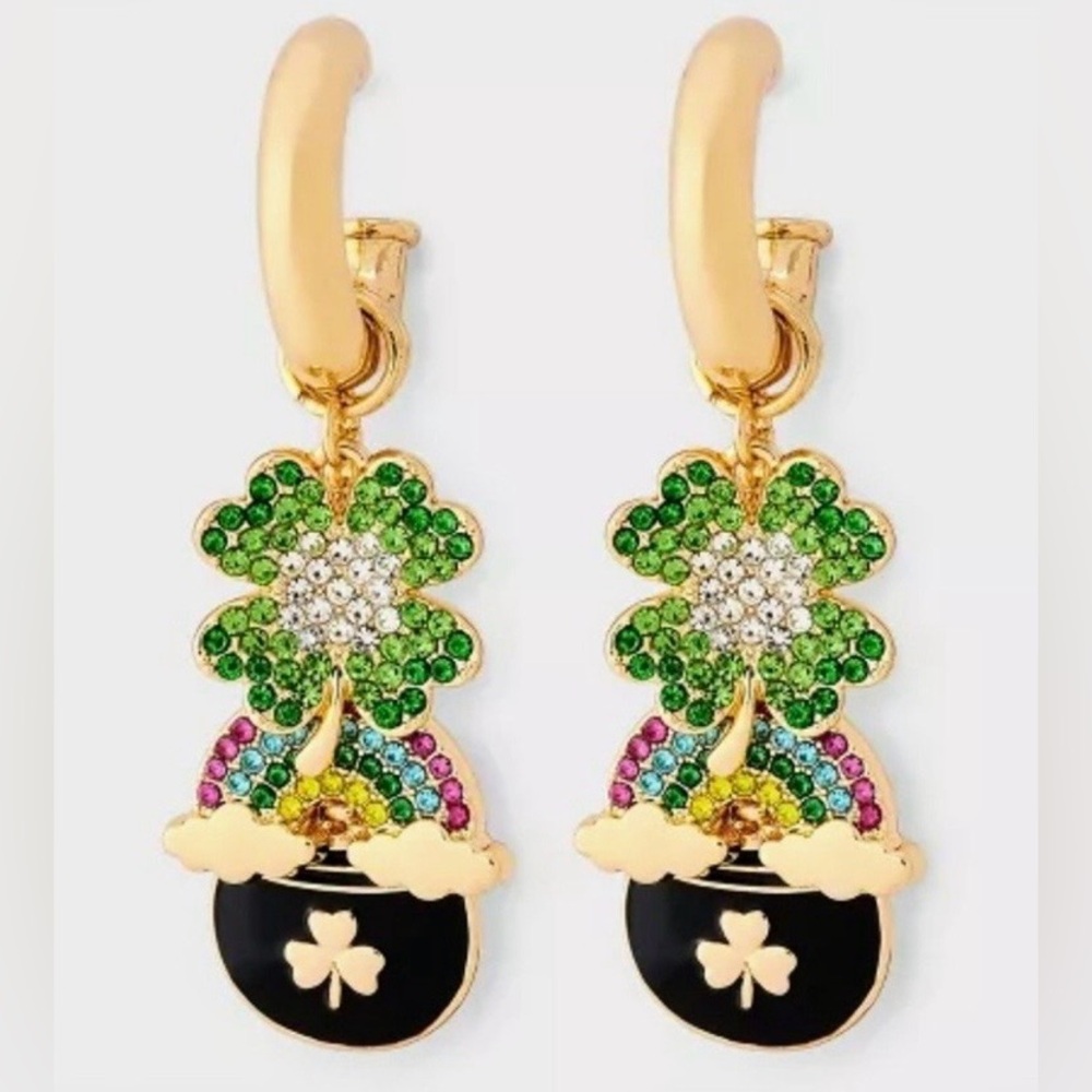 SUGARFIX St. Patrick's Day Rainbow's End Crystal Charms Chunky Hoop Earrings NWT